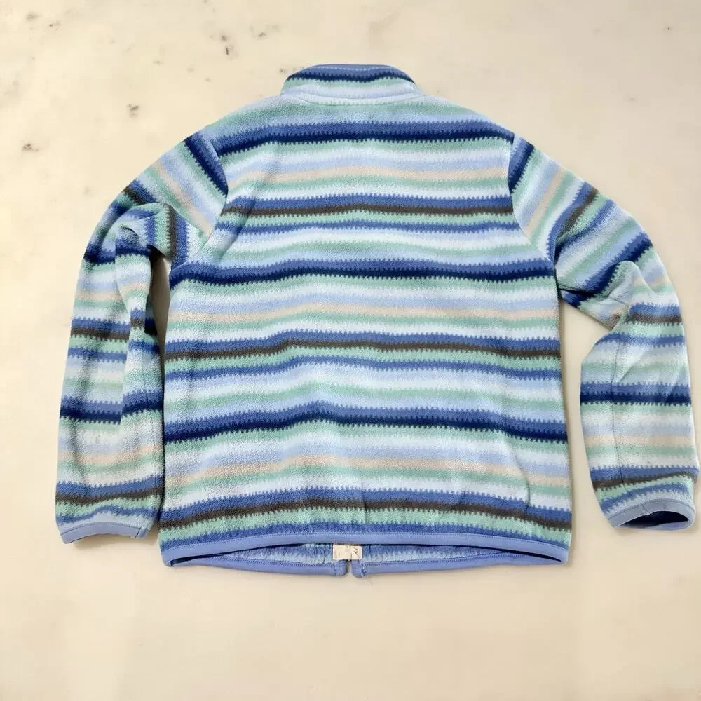 Uniqlo Kid's 7-8 Fleece Jacket Striped Blue Full Zip Mock Neck Pocket Outerwear